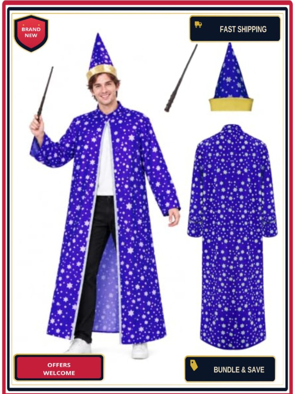 Adult Wizard Costume Set Robe Cape Hat Magic Wand Halloween Cosplay
